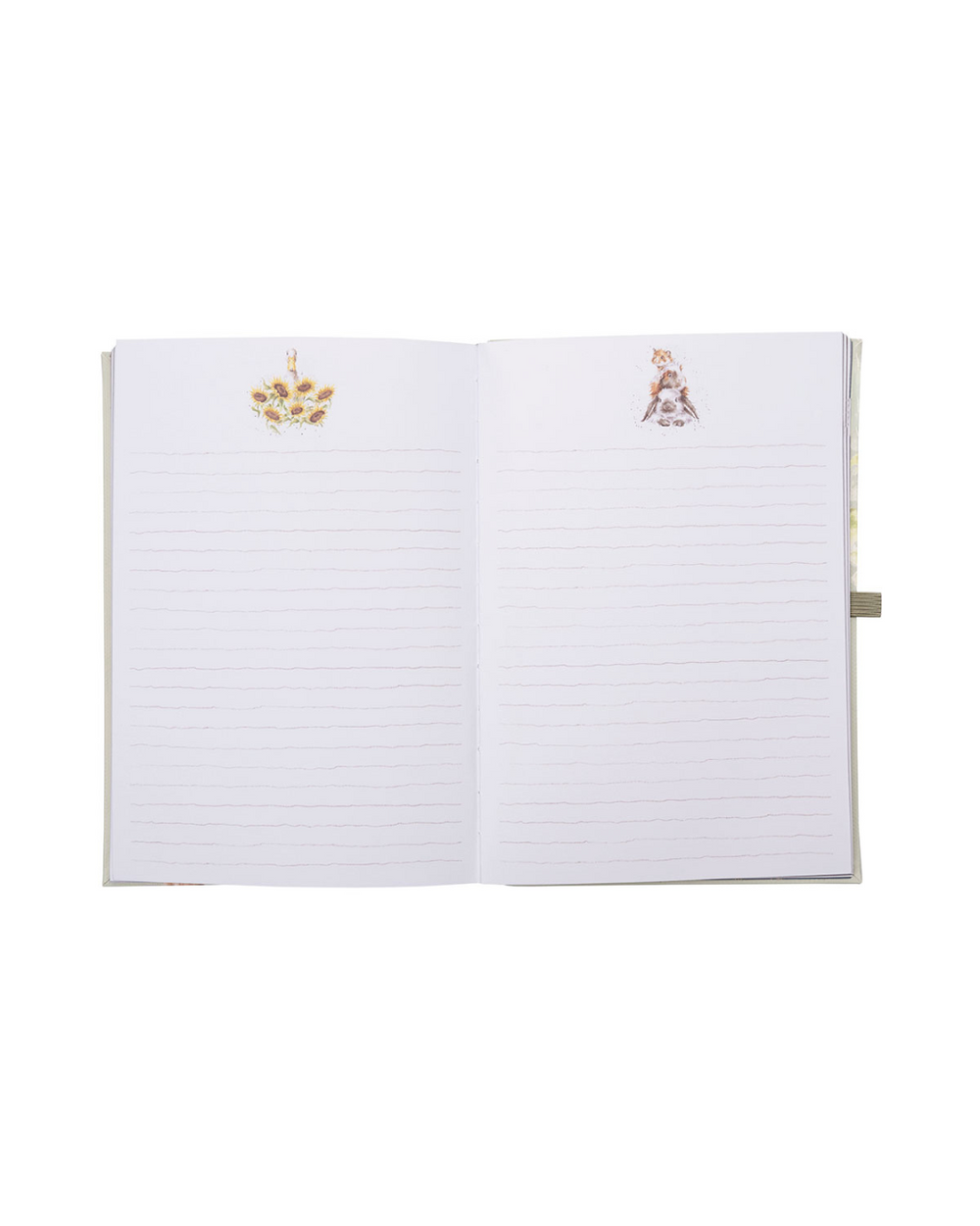 Innenansicht des A5 Notizbuchs aus der Signature Stationery Kollektion mit liniertem Papier, zarten Illustrationen und weißem Hintergrund.