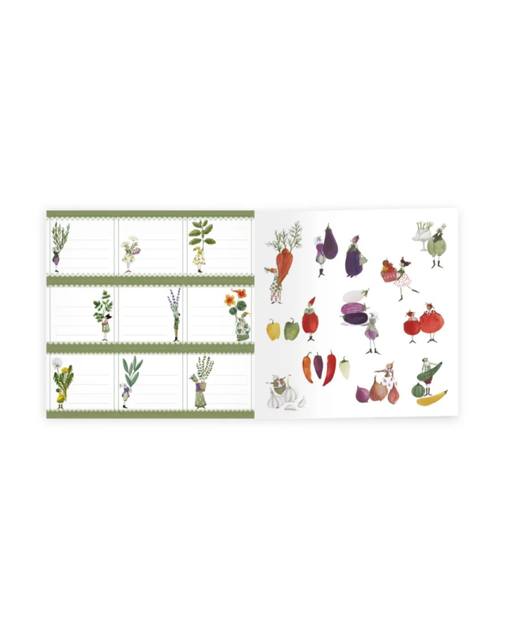 Innenansicht des Aufkleberbuchs „Kräutergarten“ vom Grätz Verlag mit beschreibbaren Etiketten, Kräuter-Illustrationen sowie einzelnen Stickern mit Gemüse-, Pflanzen- und Figurenmotiven.