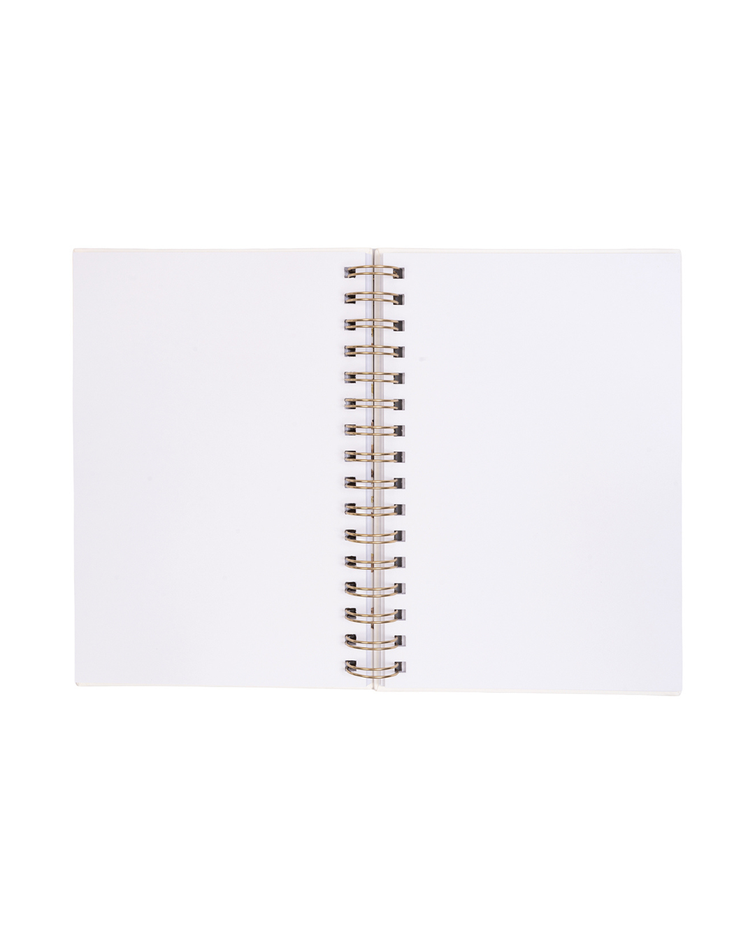 Aufgeschlagenes A5 Notizbuch von Wrendale Designs mit komplett blanko, weißen Seiten und goldfarbener Spiralbindung in der Mitte.