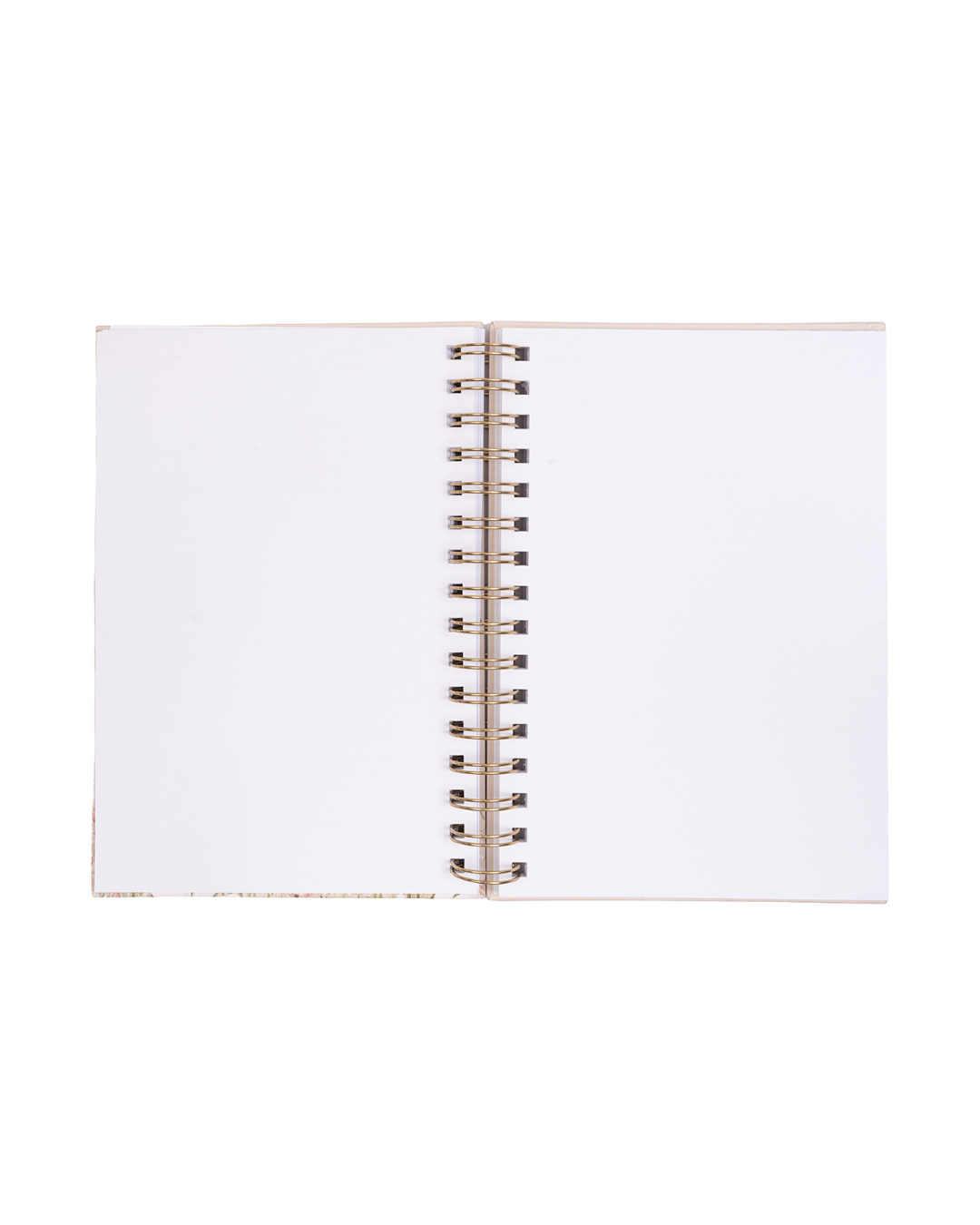 Geöffnetes A5-Notizbuch von Wrendale Designs mit komplett leeren, weißen Seiten und goldfarbener Spiralbindung in der Mitte – ideal zum freien Schreiben oder Zeichnen.