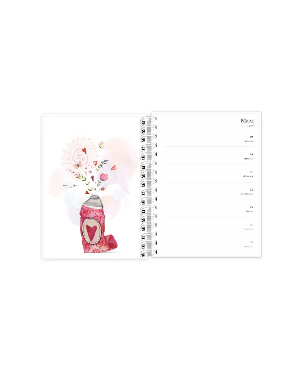 Innenansicht des Taschenkalenders „Liebe das Leben“ mit Wochenübersicht und Illustrationen