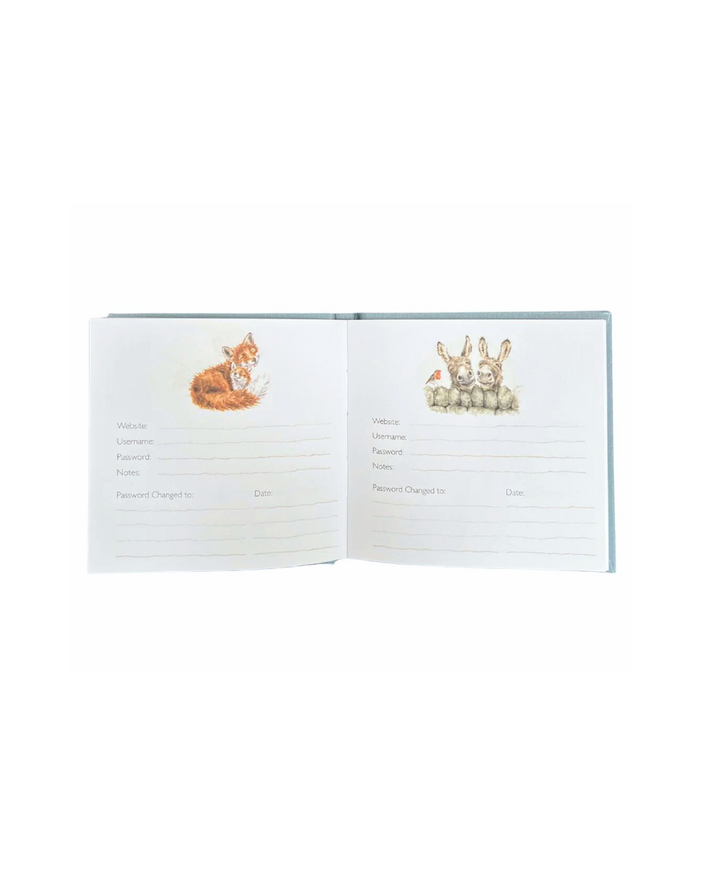 Innenansicht des Passwort Notizbuches von Wrendale Designs mit Illustrationen von Hannah Dale.