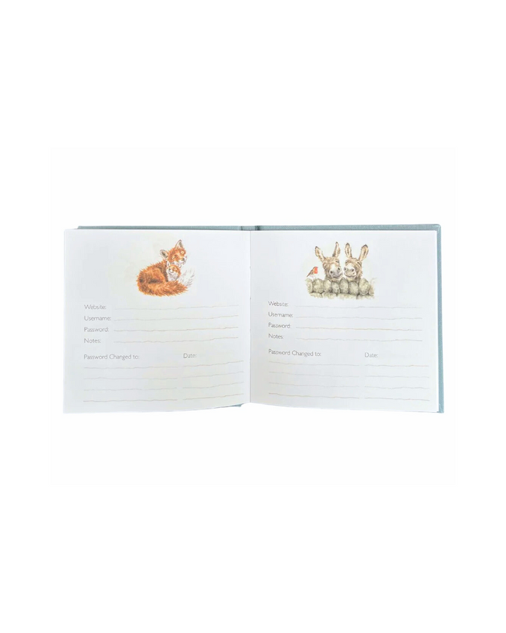 Innenansicht des Passwort Notizbuches von Wrendale Designs mit Illustrationen von Hannah Dale.