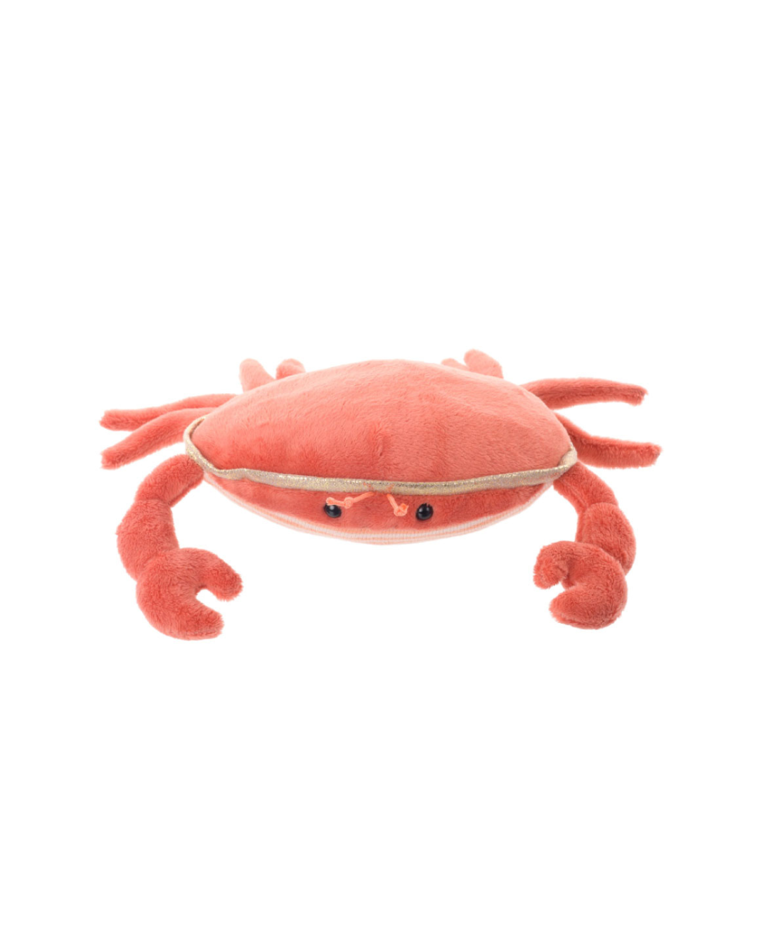 Weiche Kuschelkrabbe Jacques von Bukowski aus leicht erhöhter Perspektive, runder Körper mit goldfarbener Ziernaht und seitlich angesetzten Scheren.