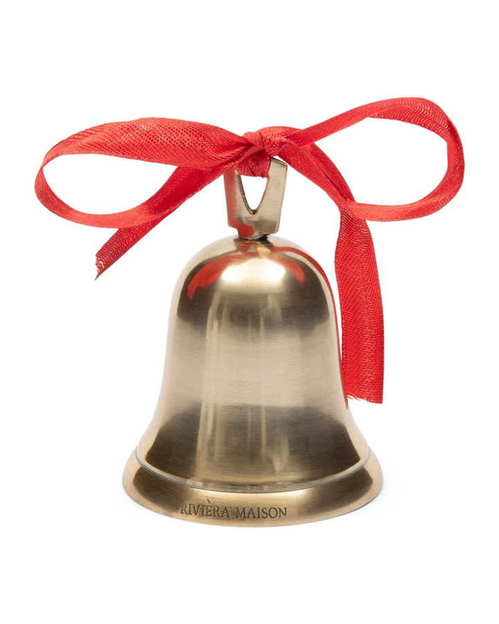 „Rückseite der goldenen Weihnachtsglocke mit roter Schleife von Rivièra Maison“