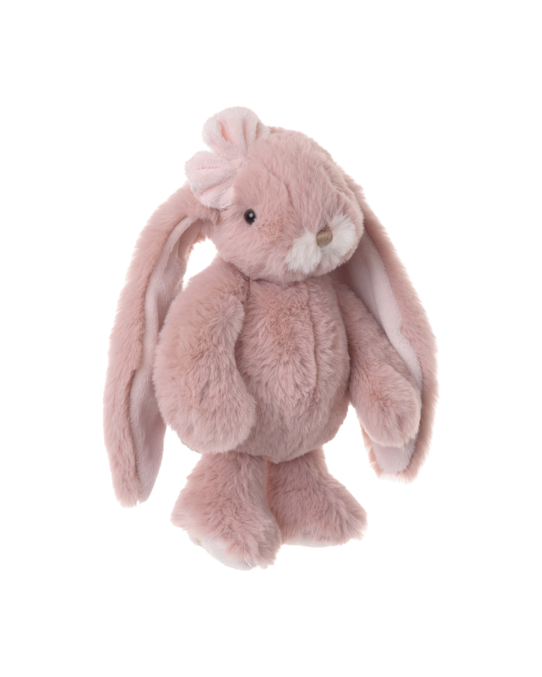 Kaninchen Kuscheltier Junior Kanina von Bukowski in zartem Altrosa mit langen Schlappohren, stehend freigestellt auf weißem Hintergrund.