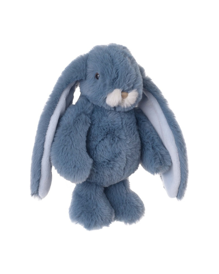 Kaninchen Kuscheltier Junior Kanini von Bukowski in sanftem Blauton mit weichem Fell und hängenden Ohren, frontal freigestellt auf weißem Hintergrund.