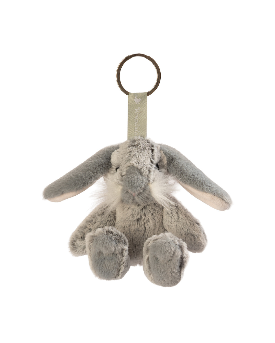 Hase Schlüsselanhänger Rosie von Wrendale Designs als grauer flauschiger Hasenanhänger mit Schlüsselring, freigestellt