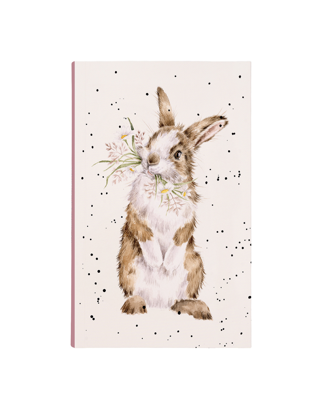 Kaninchen Notizblock „All Ears“ von Wrendale Designs mit Illustration eines stehenden Kaninchens mit Blüten im Maul vor hellem Hintergrund mit feinen Farbsprenkeln.