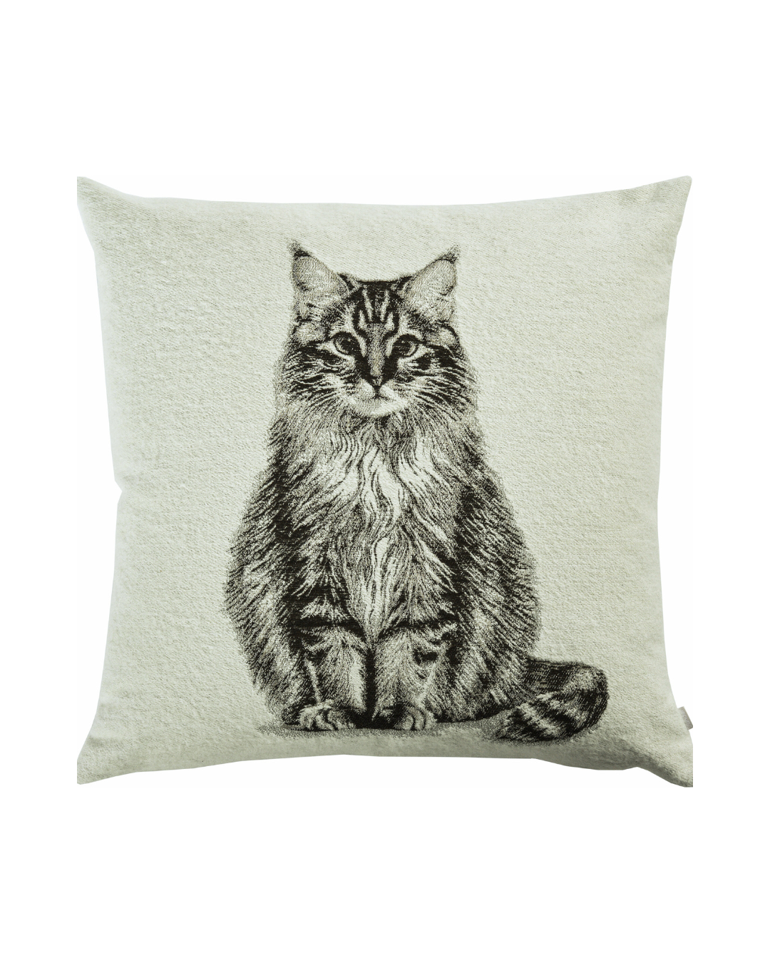 Großes Katzen Kissen Big Buck von Sander in creme mit gewebtem Katzenmotiv vor weißem Hintergrund.