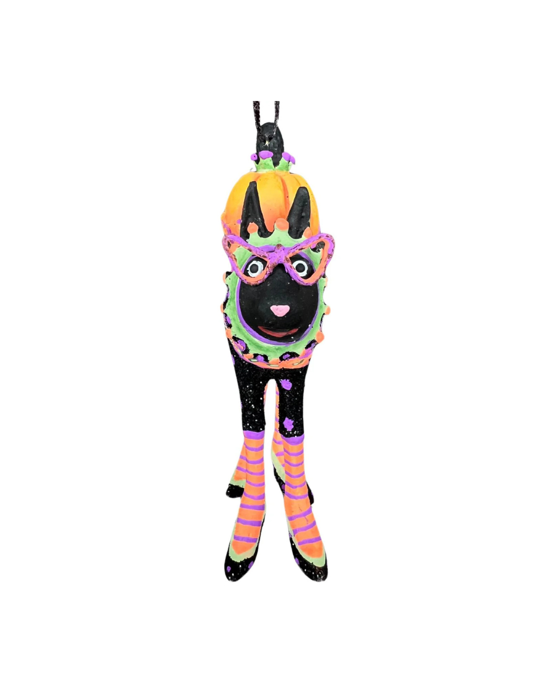 Mini-Krinkle Black Cat von Patience Brewster – schwarze Katze mit Kürbismütze, pinker Brille und buntem Halloween-Outfit vor weißem Hintergrund.