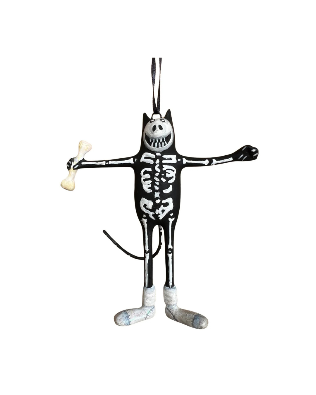 Mini-Krinkle Boney Cat von Patience Brewster – handbemalte schwarze Katze im Skelettkostüm, detailreich und fantasievoll gestaltet vor weißem Hintergrund.