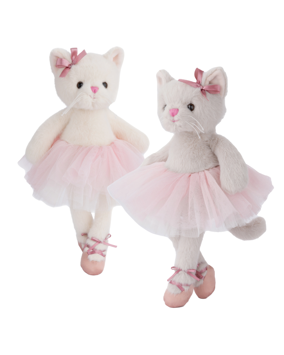 Ballerina Katze Sweet Albertina von Bukowski mit rosa Tüllrock in hell und Dunkelgrau Variante auf weißem Hintergrund.