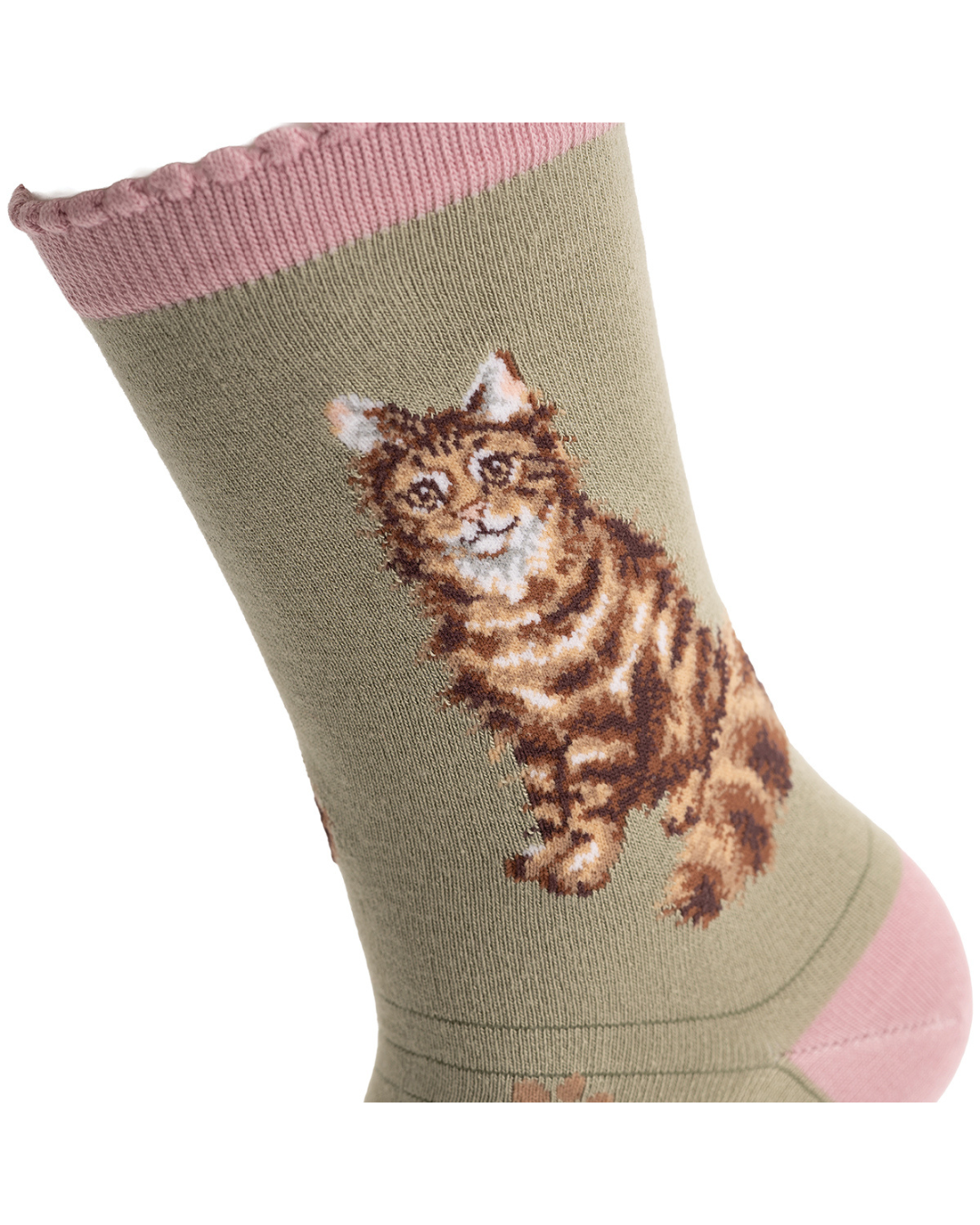 Detailansicht der gestrickten Katzenillustration auf den Katzen Socken von Wrendale Designs