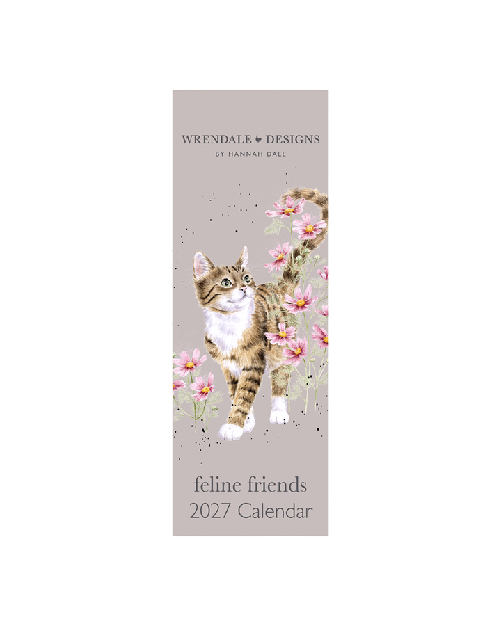 Katzen Streifenkalender 2027 "Feline Friends" von Wrendale Designs vor weißen Hintergrund. Das Motiv besteht aus einem grauen Hintergrund und einer Katze welche fröhlich durch eine Blumenwiese spaziert.