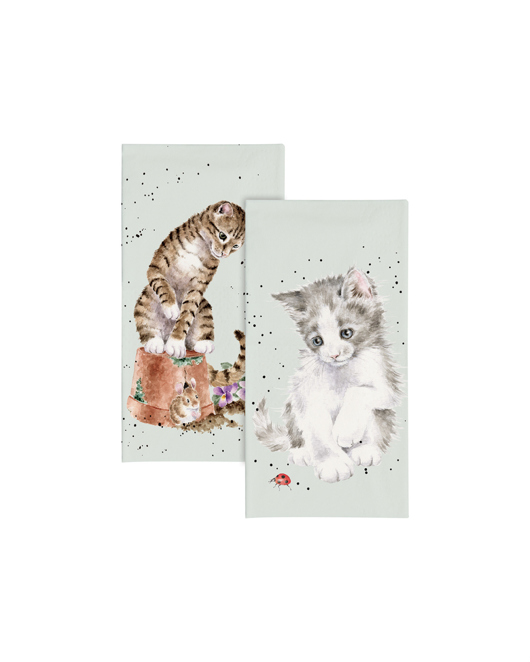 Katzen Taschentücher von Wrendale Designs mit Illustrationen von Hannah Dale. Vorderseite: Kätzchen mit Marienkäfer, Rückseite: Katze im Blumentopf mit Kaninchen, beide auf graugrünem Hintergrund.