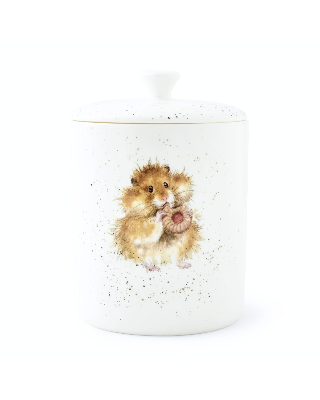 Frontansicht der Hamster Keksdose "Royal Worchester" aus Porzellan von Wrendale Designs vor weißen Hintergrund. Das Motiv zeigt einen kleinen süßen Hamster welcher an einem Keks knabbert. 
