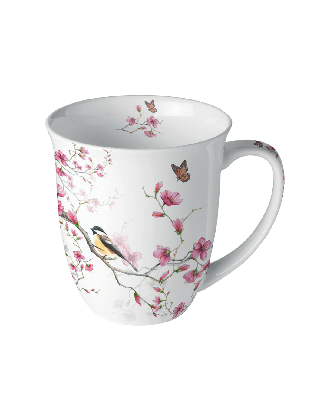 Abgebildet ist eine weiße Porzellantasse mit dem Motiv „Bird & Blossom“ von Ambiente. Zu sehen sind zarte Kirschblüten in Rosa und Weiß sowie ein kleiner Vogel, der auf einem Kirschzweig sitzt. Die Motive sind fein gedruckt. Die Tasse steht auf einem hellen Hintergrund