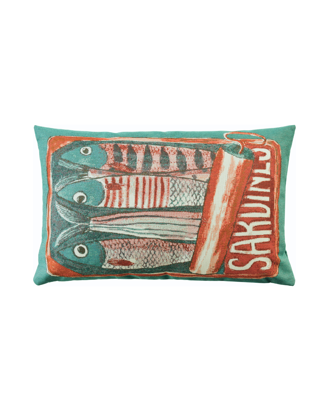 Sardinen Kissenbezug Scatola von Sander in Grün mit roter Fischdosenillustration freigestellt