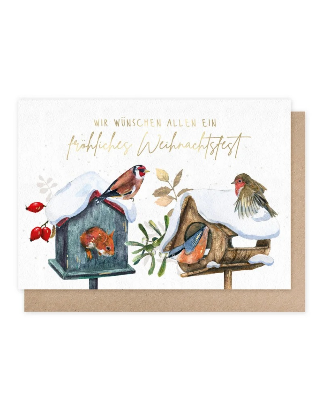 Weihnachtskarte "Am Vogelhaus  - Wir wünschen allen ein fröhliches Fest" vom Grätz Verlag. Zwei liebevoll und detailreich von Daniela Drescher illustrierte Vogelhäuschen mit Vögeln, einem Eichhörnchen, Beeren, Zweigen und Schnee.