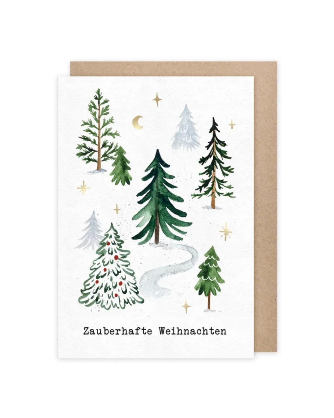 Weihnachtsgrußkarte "Wintertannen vom Grätz Verlag - illustriert von Anna Inspira. Mehrere Tannen kombiniert mit Schnee und goldenen Sternchen bilden ein weihnachtliches Gesamtbild.