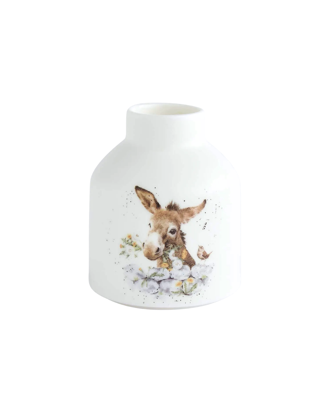 Kleine Esel Blumenvase aus dem 3er Set von Wrendale Designs. Auf der Vase ist ein kleiner Vogel und ein Esel zu sehen welcher Blumen mit den Zähnen hält.