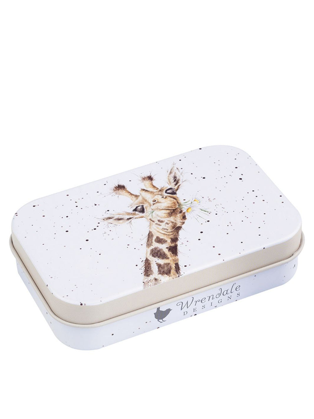 Giraffen-Dose von Wrendale Designs mit Giraffenmotiv auf dem Deckel, helle Farbgestaltung, rechteckige Metalldose mit abgerundeten Ecken und Wrendale-Logo an der Seite.