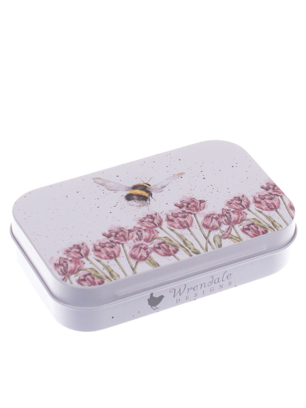 Hummel-Dose „Flight of the Bumblebee“ von Wrendale Designs mit fliegender Hummel über rosa Blüten auf dem Deckel, rechteckige Metallbox