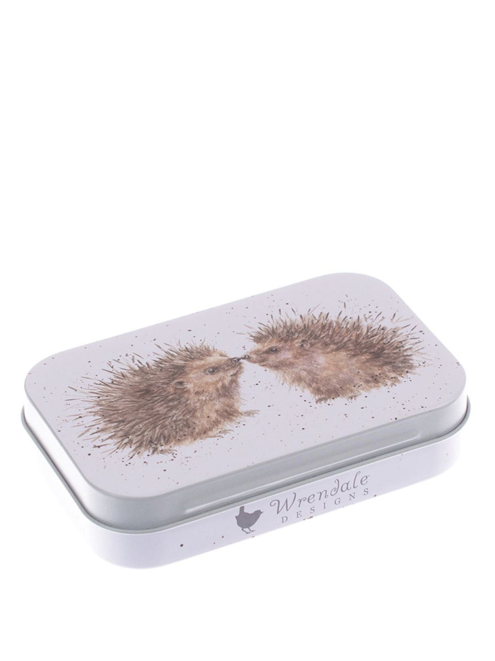 Rechteckige Metalldose von Wrendale Designs mit zwei sich gegenüberstehenden Igeln auf hellem, dezent gesprenkeltem Hintergrund.