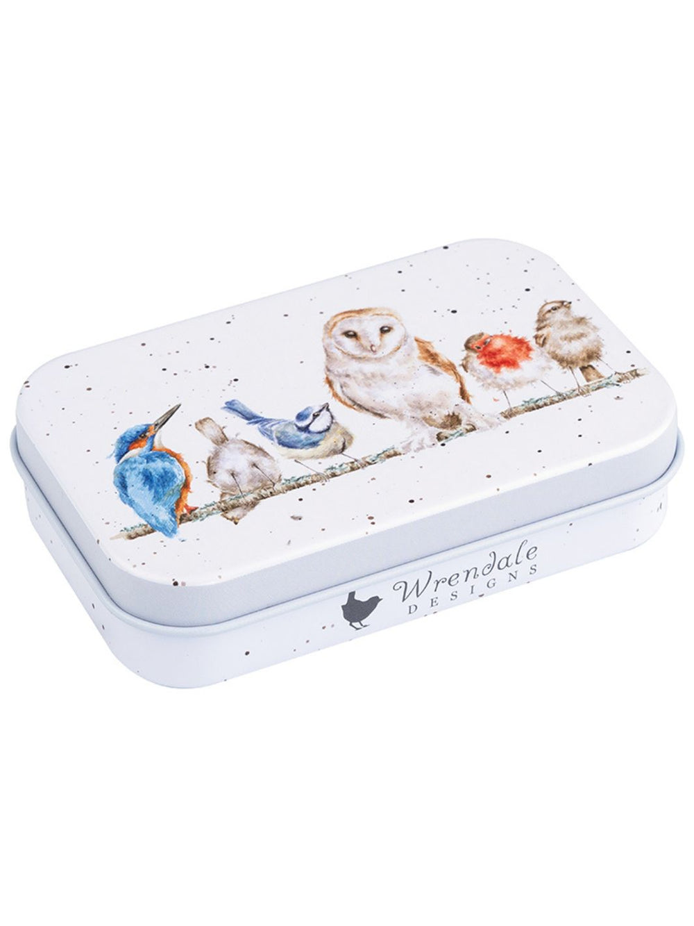 Vogel Dose von Wrendale Designs mit verschiedenen Vögeln auf einem Ast, darunter Eule, Eisvogel und Rotkehlchen, fein illustriert auf hellem Hintergrund