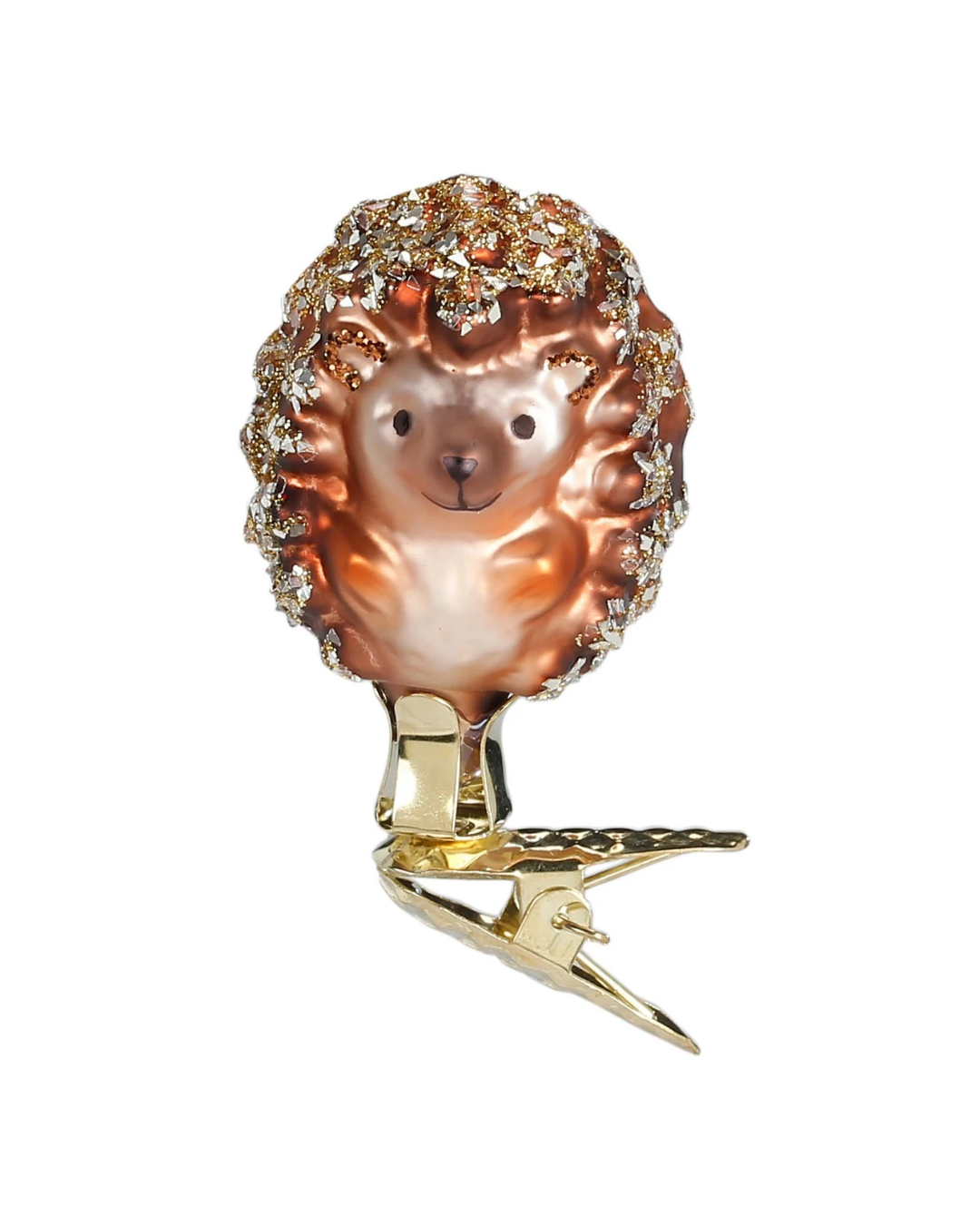 Handgefertigtes Igelornament zum Klemmen von Inge Glas. Mit zahlreichen silbern und golden schimmernden Details an den Stacheln.