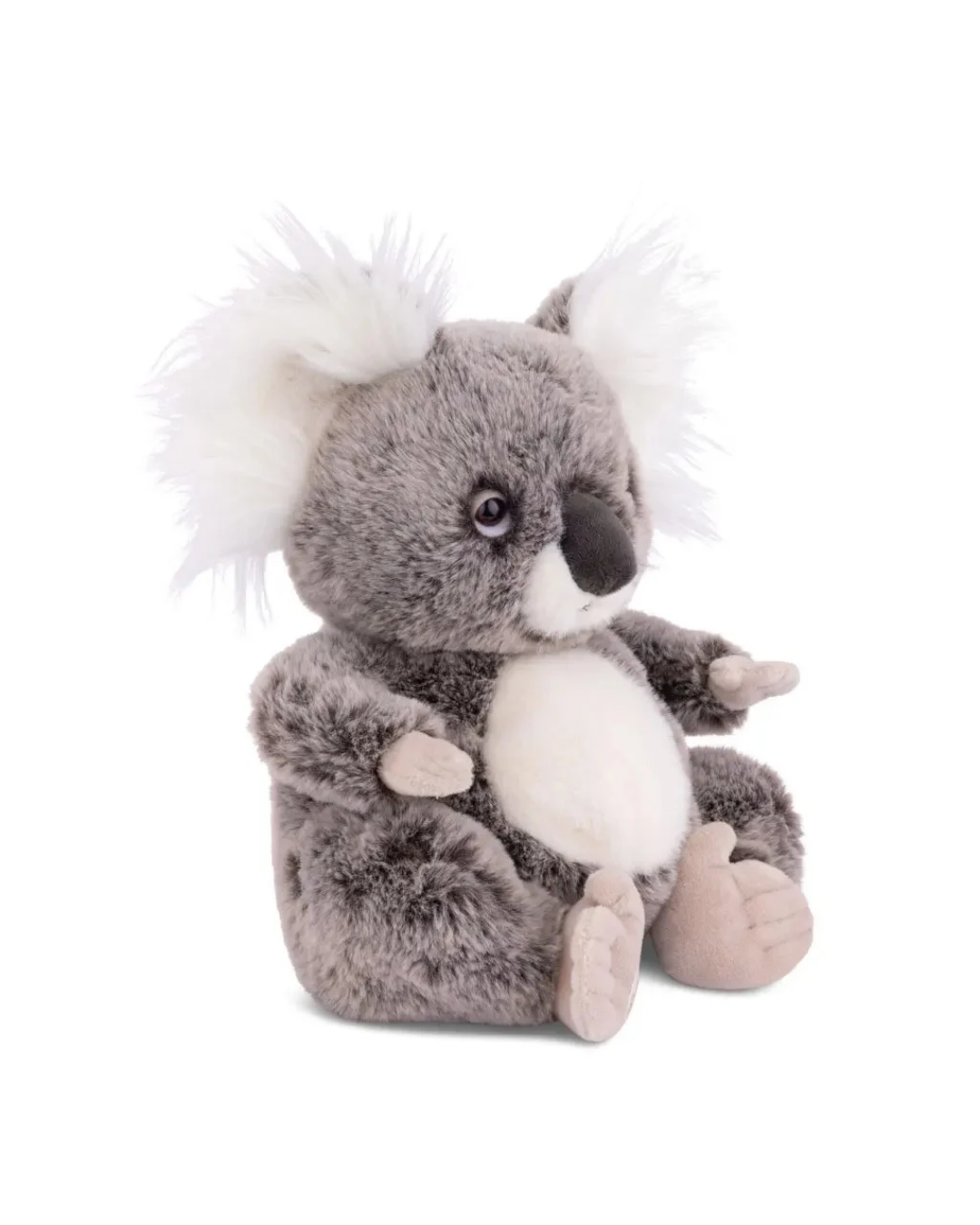 Koala Kuscheltier "Leona" von Bukowski Design vor weißen Hintergrund. Der Koala ist grau mit einem weißen Bauch und weißen Haaren. 