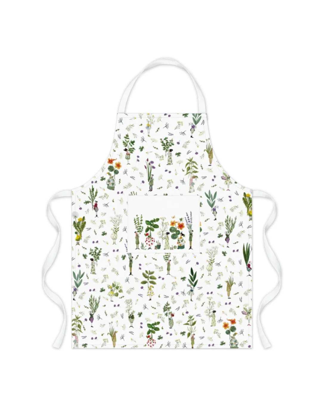 Kochschürze „Kräutergarten“ vom Grätz Verlag mit hellem Kräuter-Allover-Muster und zentraler Tasche, illustriert von Silke Leffler.