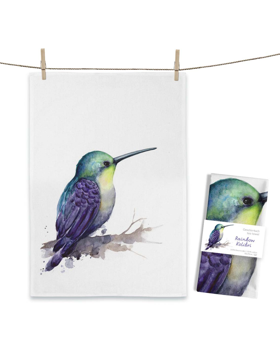 Geschirrtuch „Rainbow“ von Maluu mit Kolibri in bunten Aquarellfarben