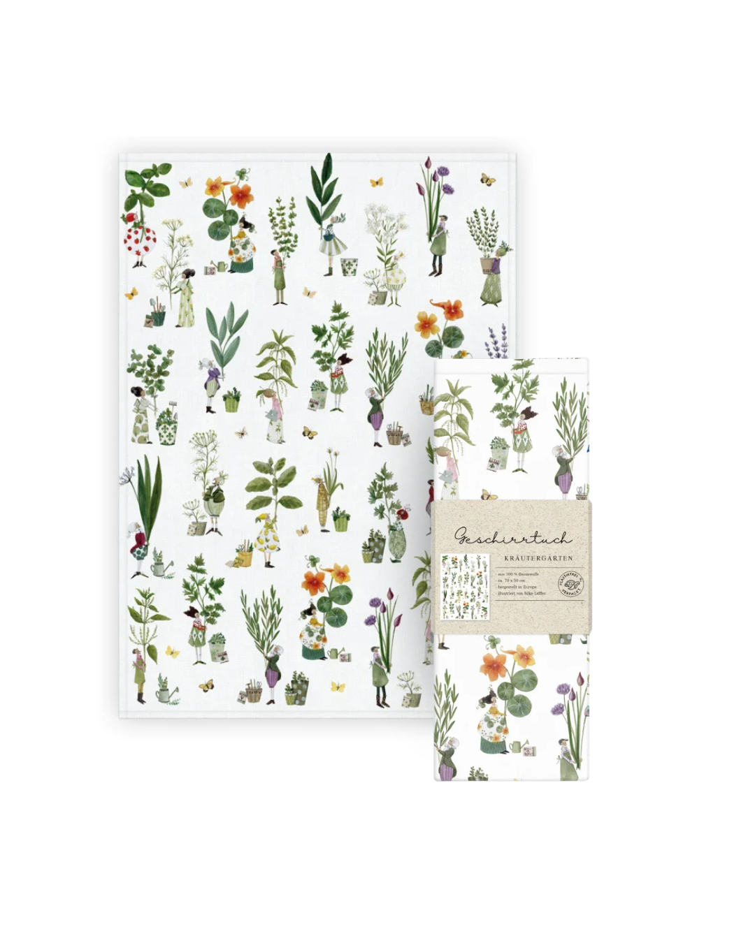 Küchentuch mit Kräutermotiven und kleinen Figuren im Illustrationsstil von Silke Leffler, Design „Kräutergarten“ vom Grätz Verlag