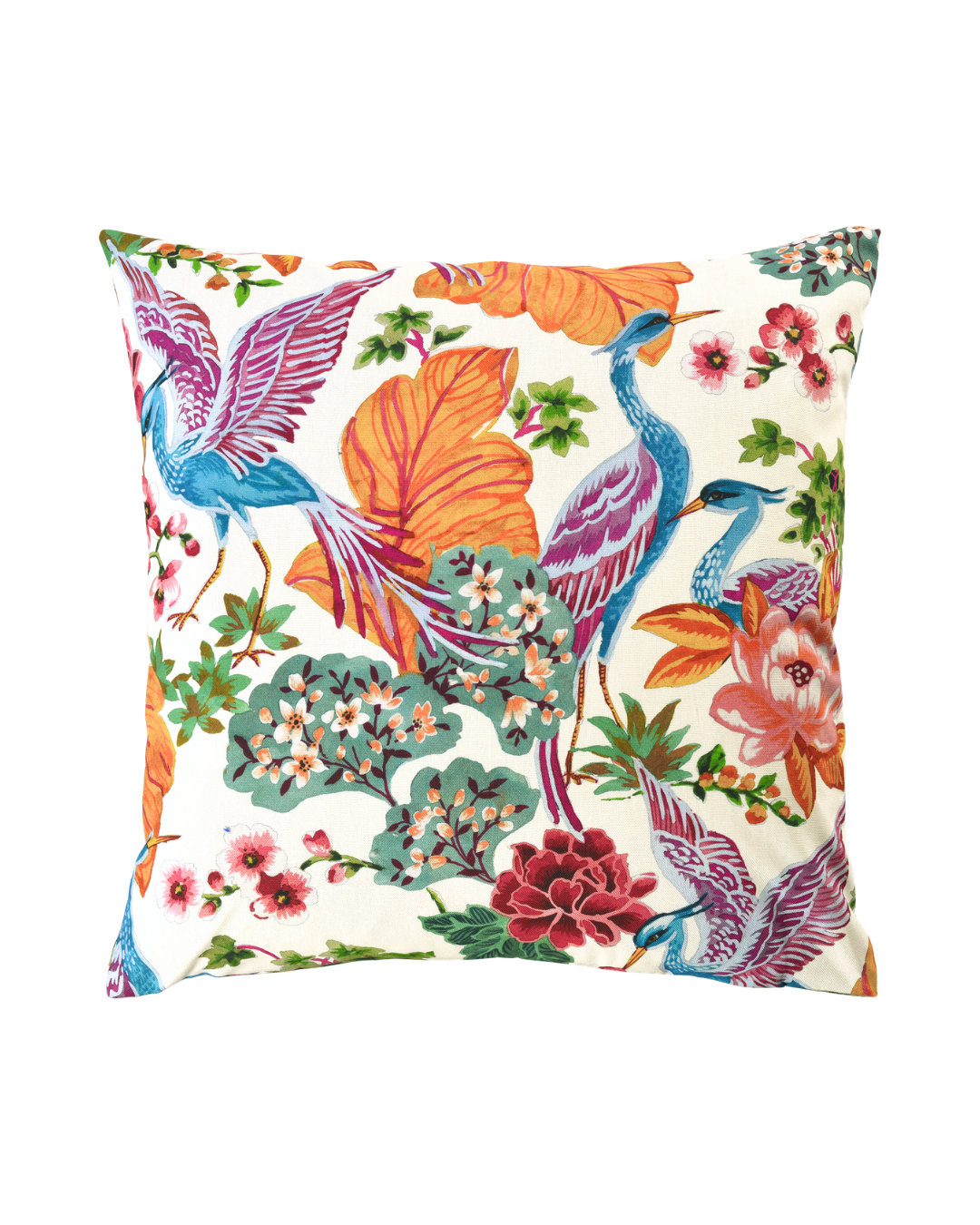 Kranich Kissenbezug Pai von Sander, buntes Design mit artistisch gestalteten Kranichen und floralen Mustern, quadratischer Bezug.