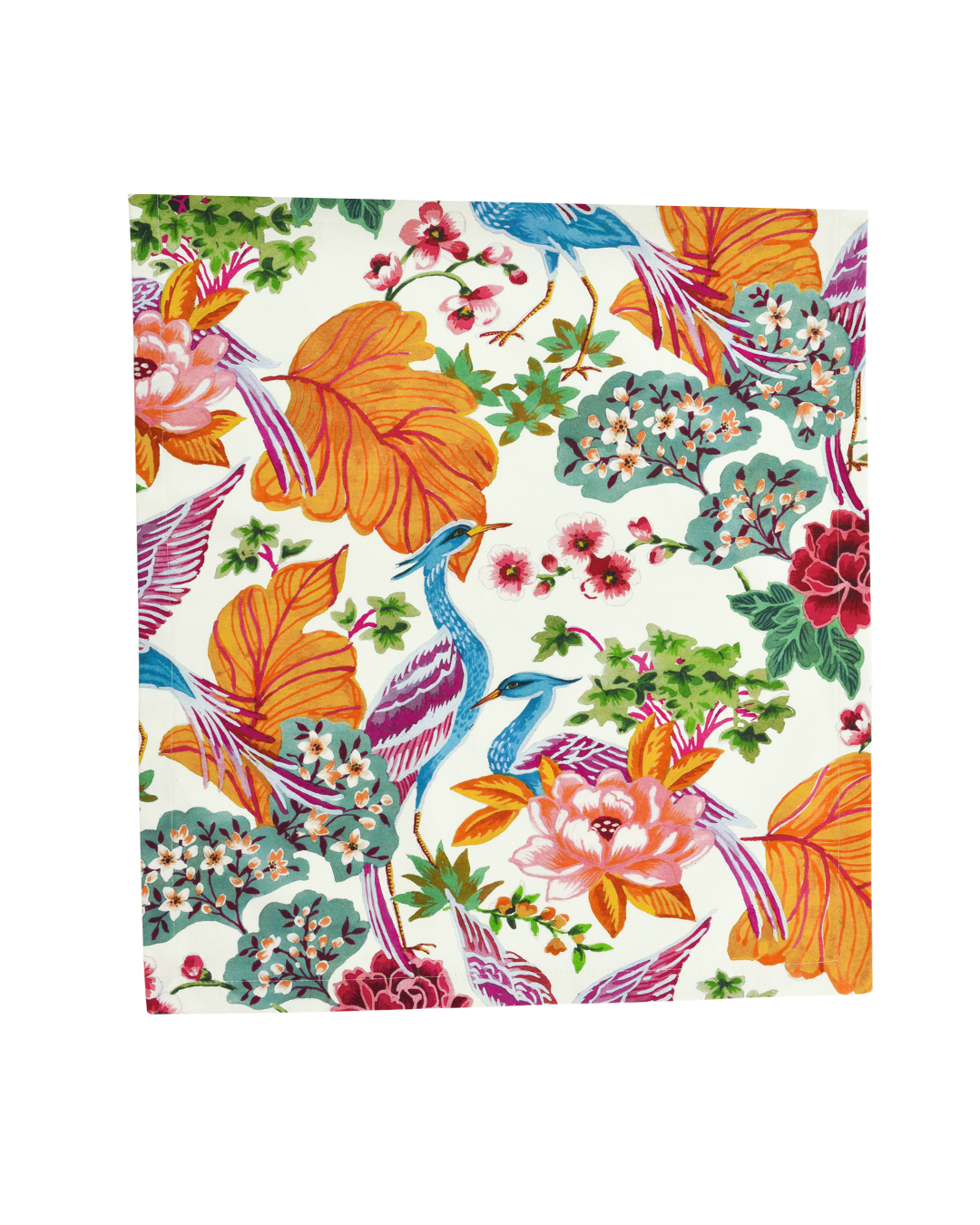 Kranich Tischdecke Pai von Sander, buntes Design mit artistisch gestalteten Kranichen und floralen Mustern, auf weißem Hintergrund freigestellt.