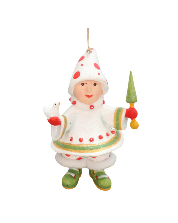"Blitzens Elf" Krinkles vor weißen Hintergrund. Zu sehen ist ein größtenteils weiß bekleideter Elf mit roten Pünktchen. In den Händen hält es jeweils einen kleinen Vogel und ein kleinen Tannenbaum Stab.