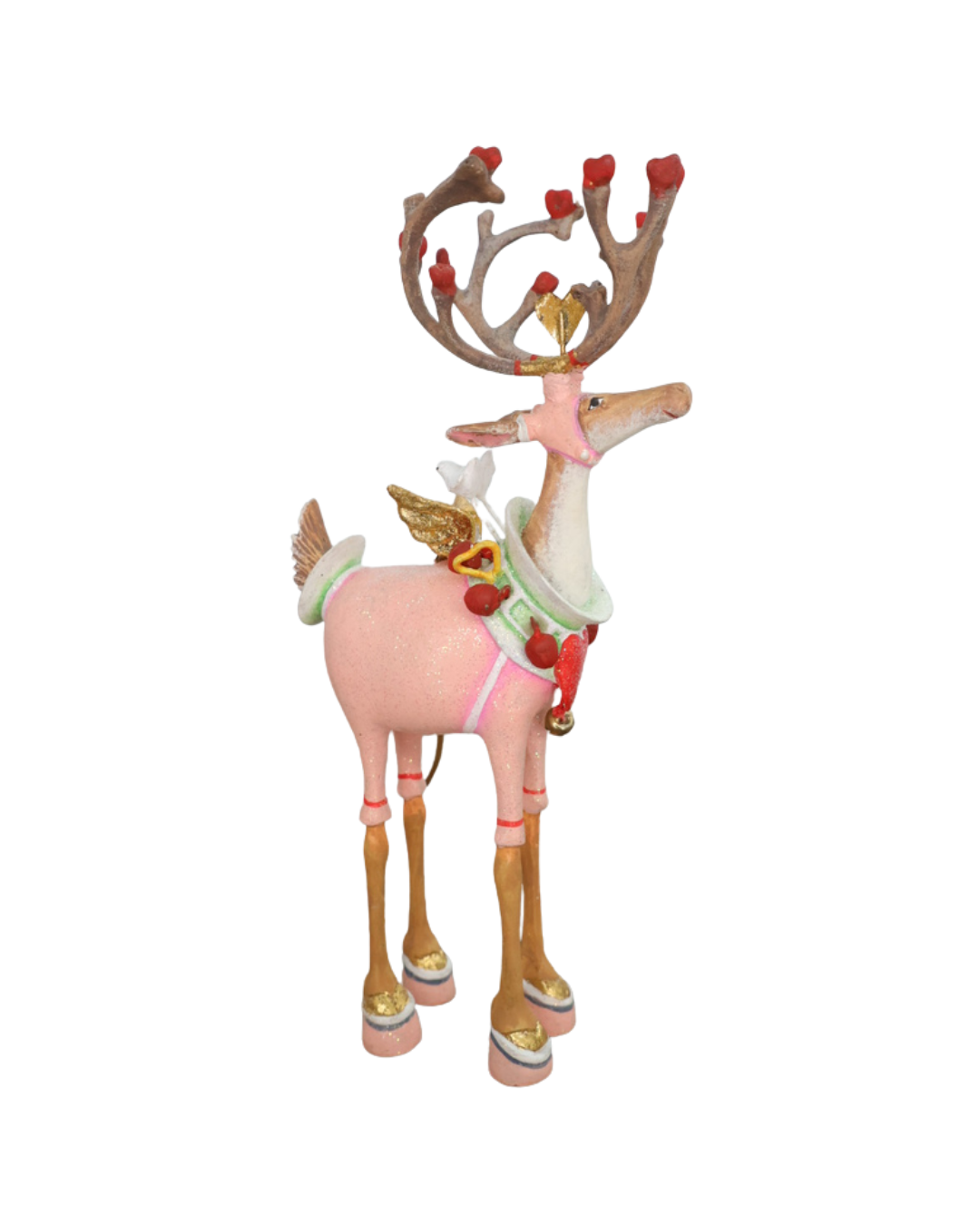 "Dash Away Cupid Rentier" Krinkle von Patience Brewster vor weißen Hintergrund. Zu sehen ist ein farbenfrohes Rentier Krinkle mit vielen pinken und roten Detais.