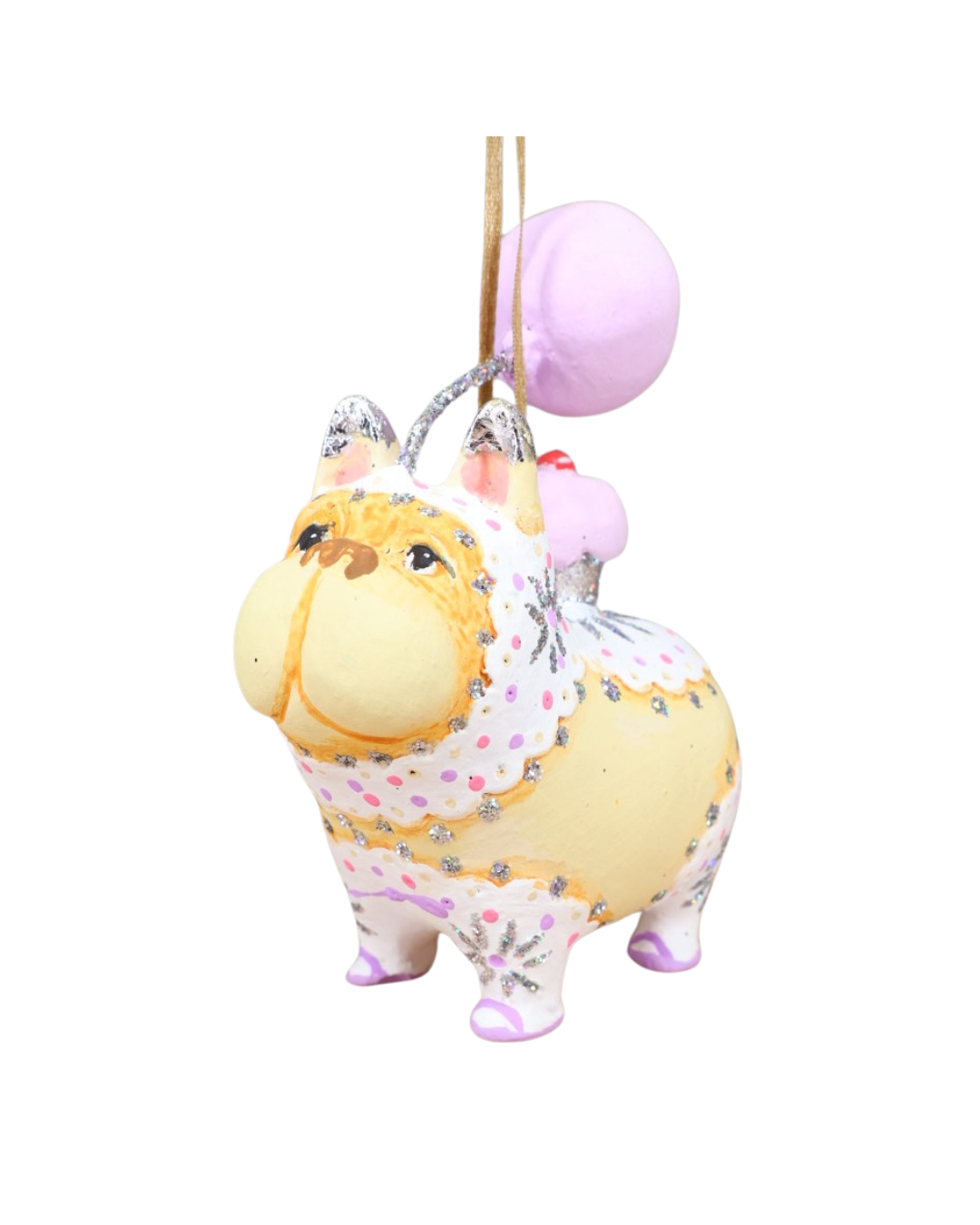 Cupcake Bulldog Anhänger von Patience Brewster – seitliche Ansicht mit Cupcake und rosa Ballon