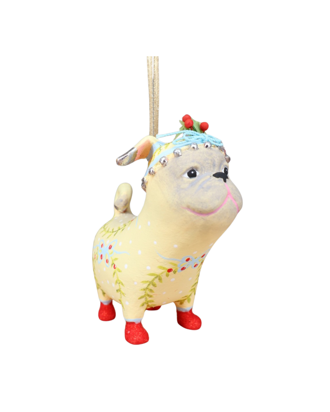 „Hunde Krinkle Prudence Pug von Patience Brewster – Ansicht der handbemalten Weihnachtsfigur“