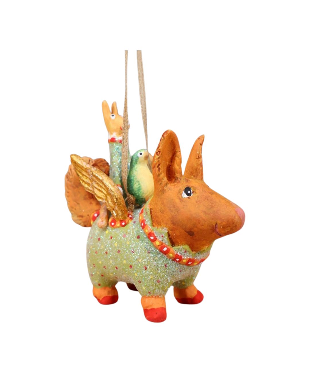 Terrier Carrier Mini-Hund von Patience Brewster mit zwei Figuren auf dem Rücken – Seitenansicht.