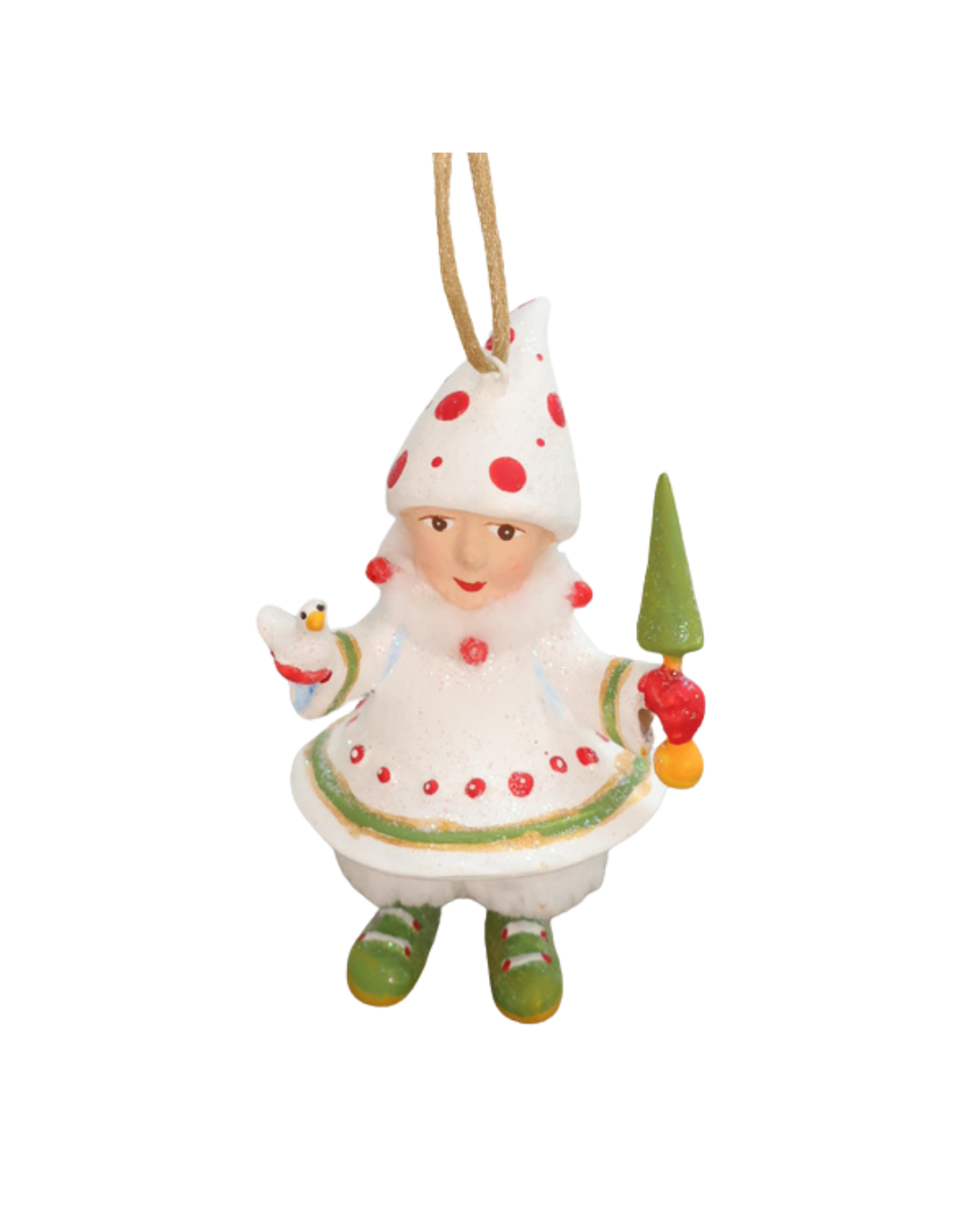 Mini "Blitzens Elf" Krinkles vor weißen Hintergrund. Zu sehen ist ein größtenteils weiß bekleideter Elf mit roten Pünktchen. In den Händen hält es jeweils einen kleinen Vogel und ein kleinen Tannenbaum Stab.