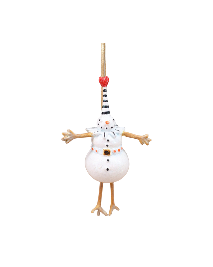 „Mrs. Snowman Krinkle mit mehrlagigem Schneekleid, feinen Punkten und goldenen Vogelbeinen.“