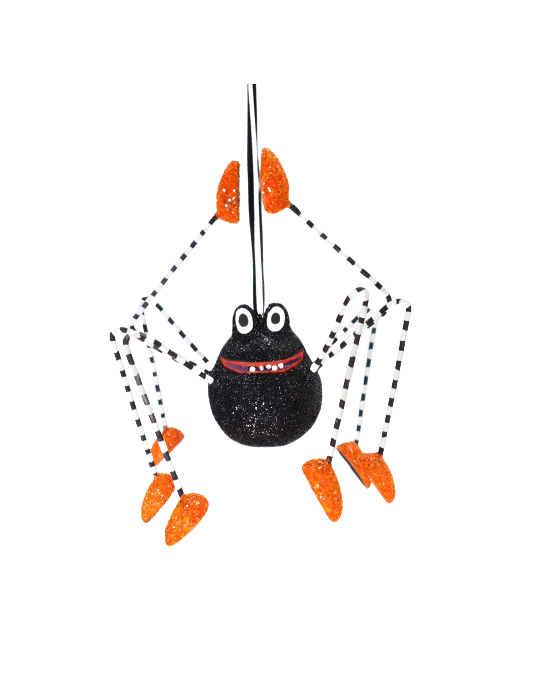 Detailansicht der Patience Brewster Figur „Webster Spider“, mit schwarzem Körper, großen Augen und orangefarbenen Glitzerschuhen vor weißem Hintergrund.