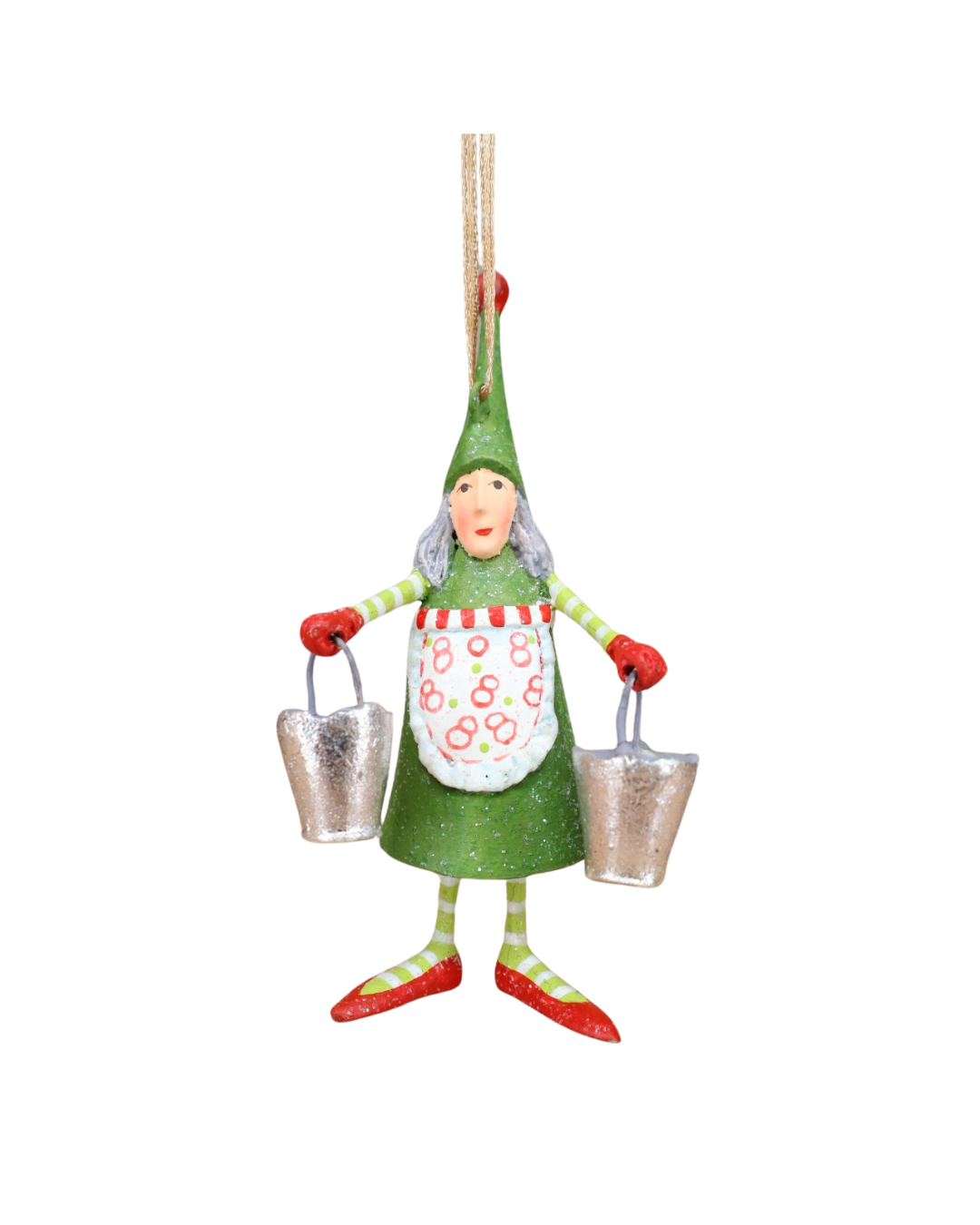 Tannenbaum Krinkle Mini Maid A Milking von Patience Brewster – Vorderansicht mit zwei silbernen Eimern und grünem Kleid