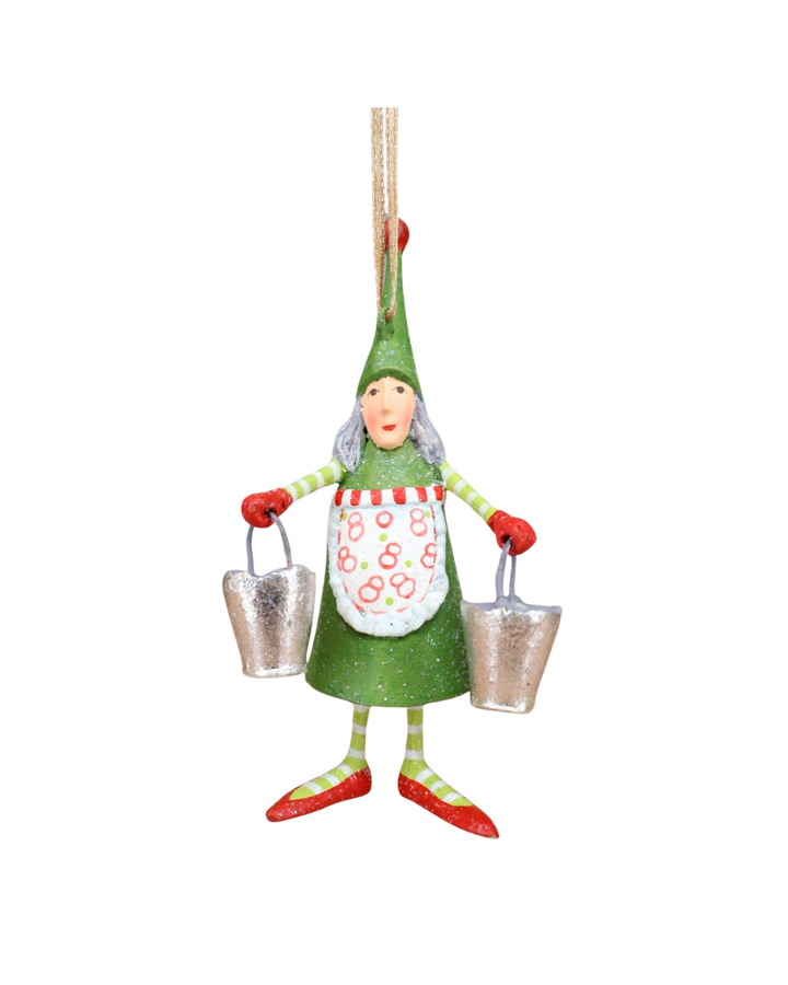 Tannenbaum Krinkle Mini Maid A Milking von Patience Brewster – Vorderansicht mit zwei silbernen Eimern und grünem Kleid