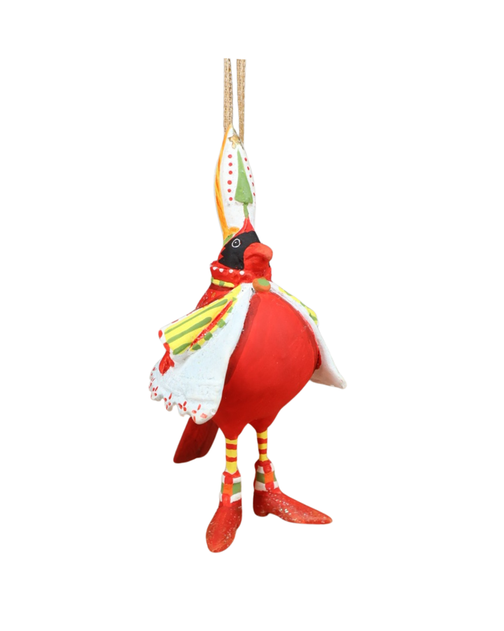 „Rückansicht des Krinkle Mini Cardinal, roter Vogelanhänger mit bemalten Flügeln und gestreiften Strümpfen.“