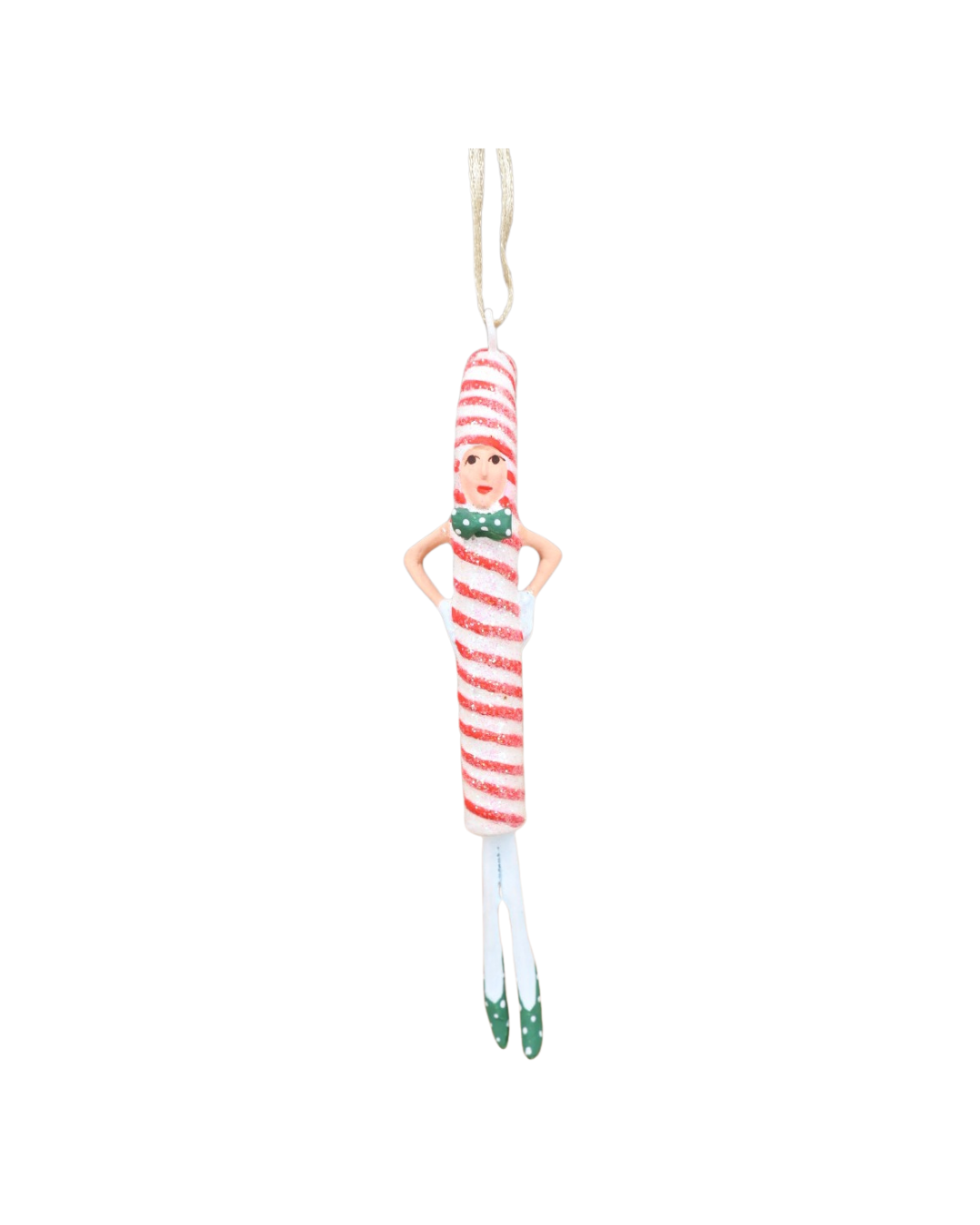 „Krinkle Zuckerstange Candy Cane von Patience Brewster, handbemalter Anhänger in rot-weißem Streifenmuster mit grünen Schuhen.“