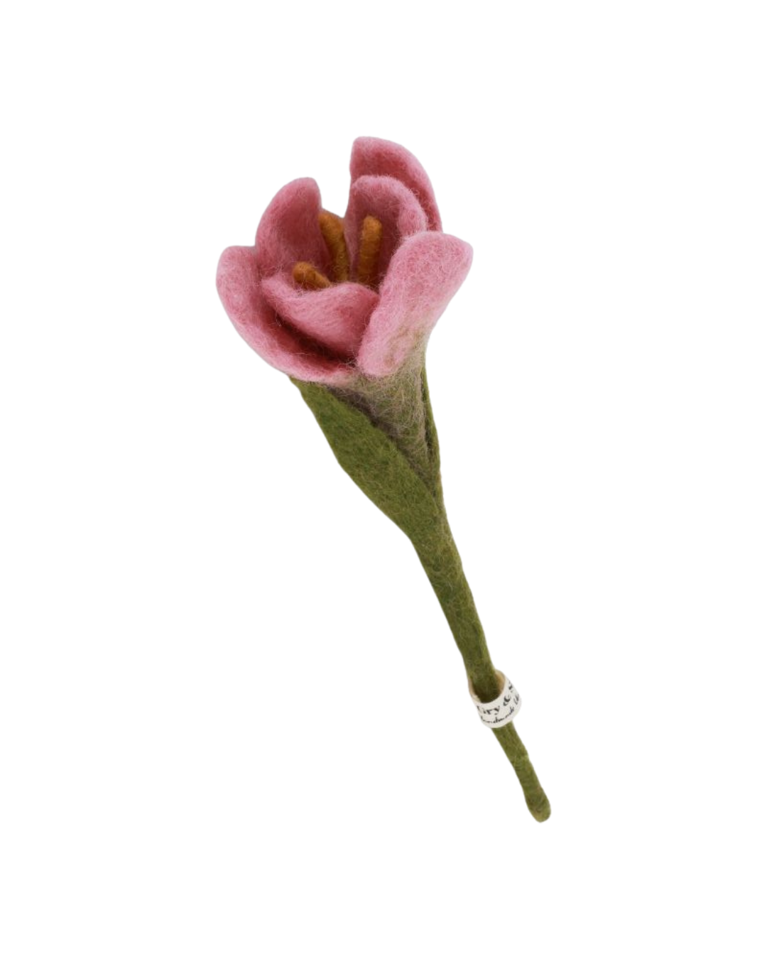 Pinke Filzblume „Krokus“ von Gry & Sif mit warmer Farbwirkung vor weißem Hintergrund.